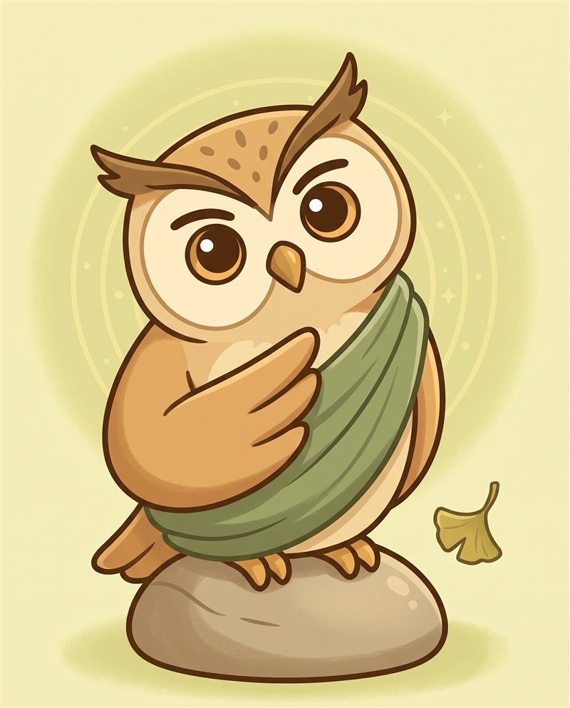 The Observer — a watchful owl in a green monk's sash